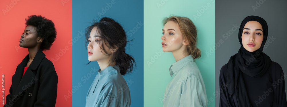 Obraz premium Portrait of a woman. Diverse women with a minimalist aesthetic against a quartet of solid color backgrounds