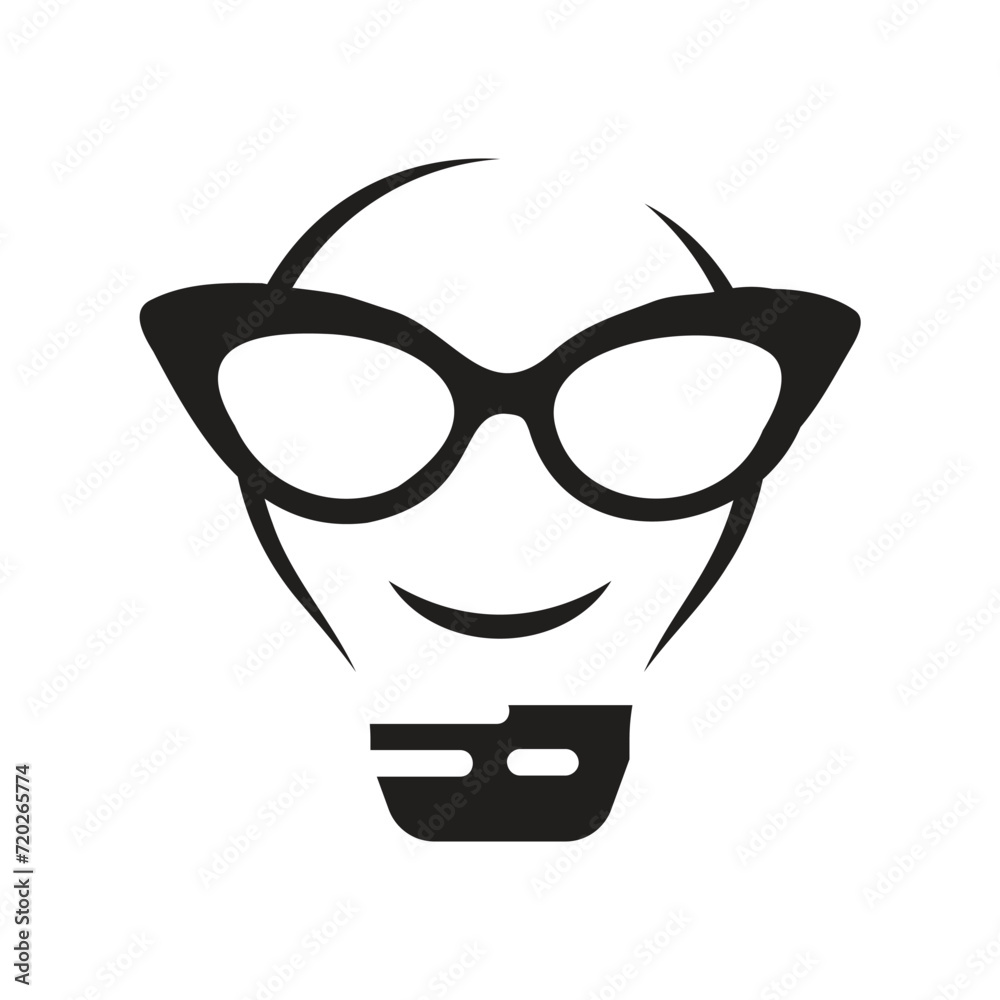 Bulb with cat eyed glasses smiling black and white simple icon Bulb with cat eyed glasses smiling black and white simple icon