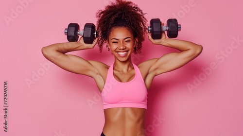 Fit and energetic fitness instructor lifting weights in stylish workout attire.