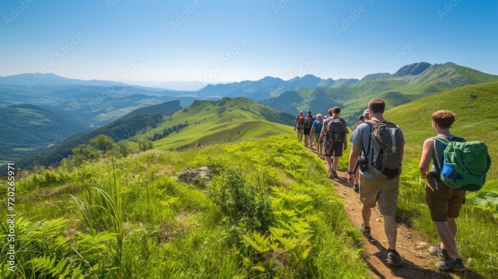 A diverse group of people hiking through the scenic outdoors wearing various trendy and comfortable attire.