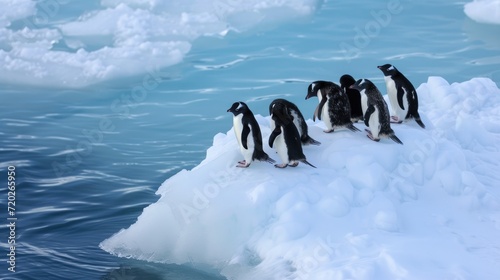 A group of penguins on an ice floe.