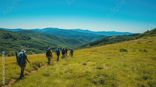 A diverse group of people hiking through the scenic outdoors wearing various trendy and comfortable attire. © stocker