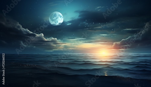 Ocean during a stomy night landscape with moon and stars photo