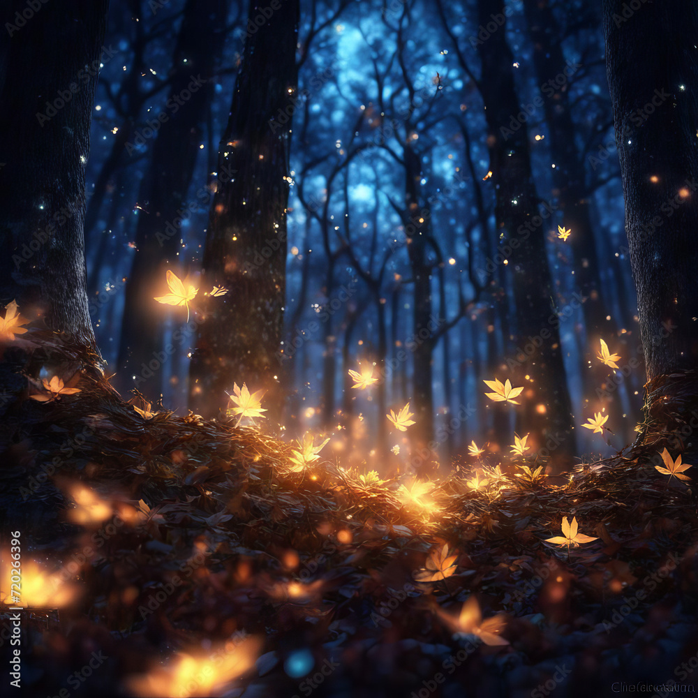 Leaves glow in the night forest. Mystic. Leaves glow in the night forest. Mystic.