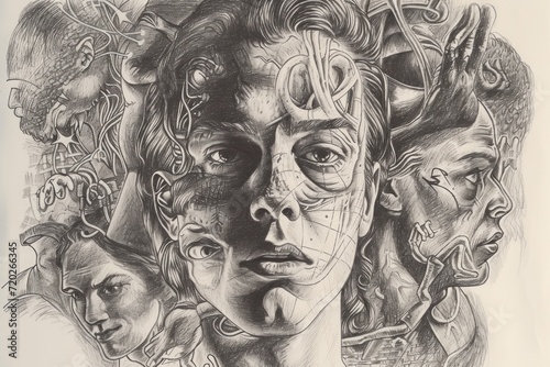 A detailed self-portrait sketch emphasizing self-respect and positive self-perception. The scene features the individual with confident posture and expressions, surrounded by symbols of personal