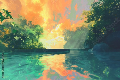 An artistic representation of a digital wellness oasis, where individuals engage with therapeutic medical applications in a serene virtual environment. The scene combines elements of nature