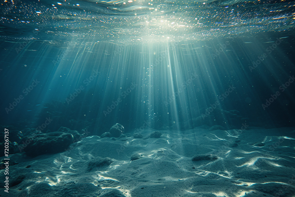 Naklejka premium Underwater Sunlight Cascade, Sparkling Water Particles Above Sandy Ocean Bottom