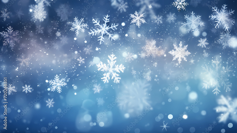 Beautiful winter Christmas glowing background with falling snowflakes, winter background