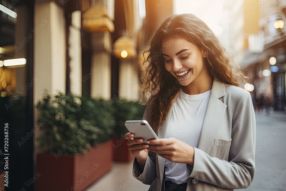 Woman smiling and using mobile for online payment Woman smiling and using mobile for online payment
