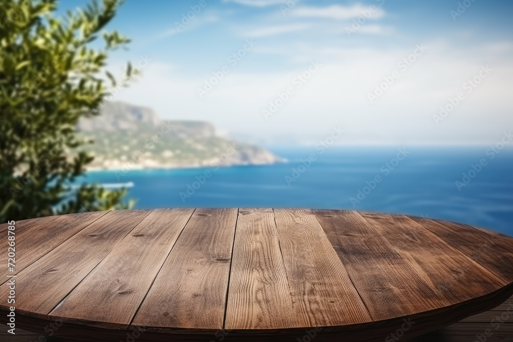 Wooden table on the background of the sea, island and the blue sky