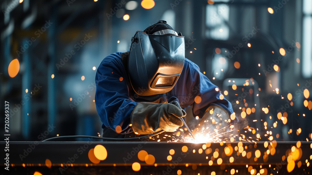 Welder welding in a construction environment. Professional worker doing manual labour.