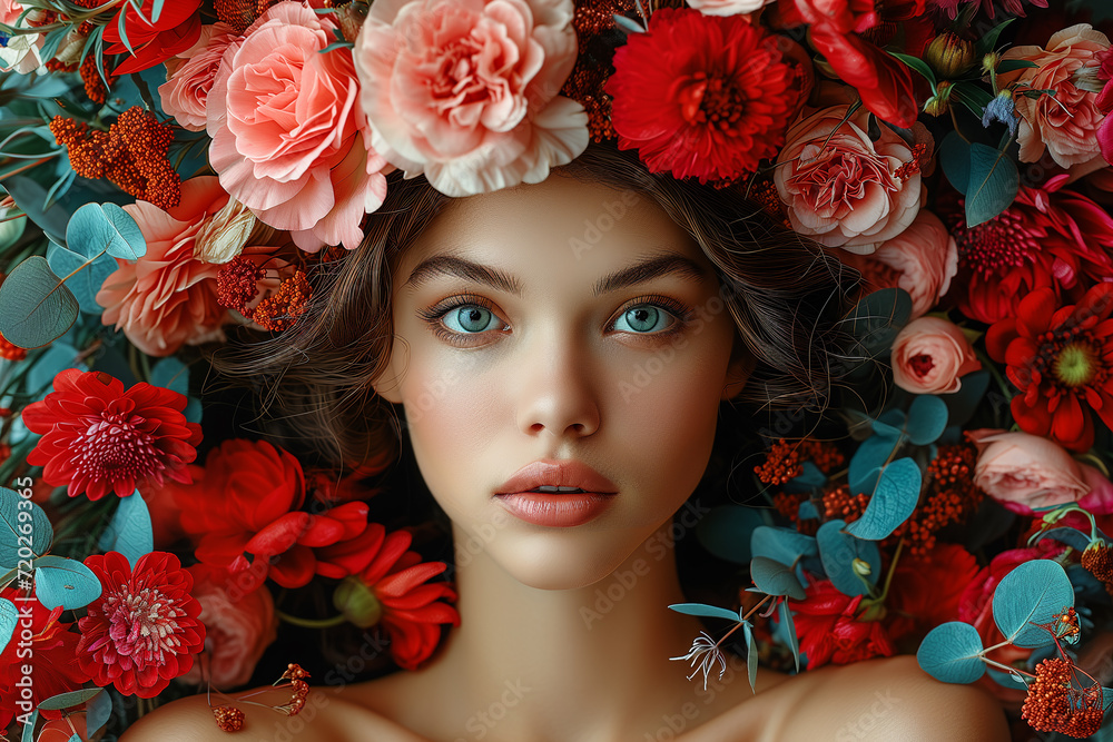Portrait of a beautiful young woman in flowers
