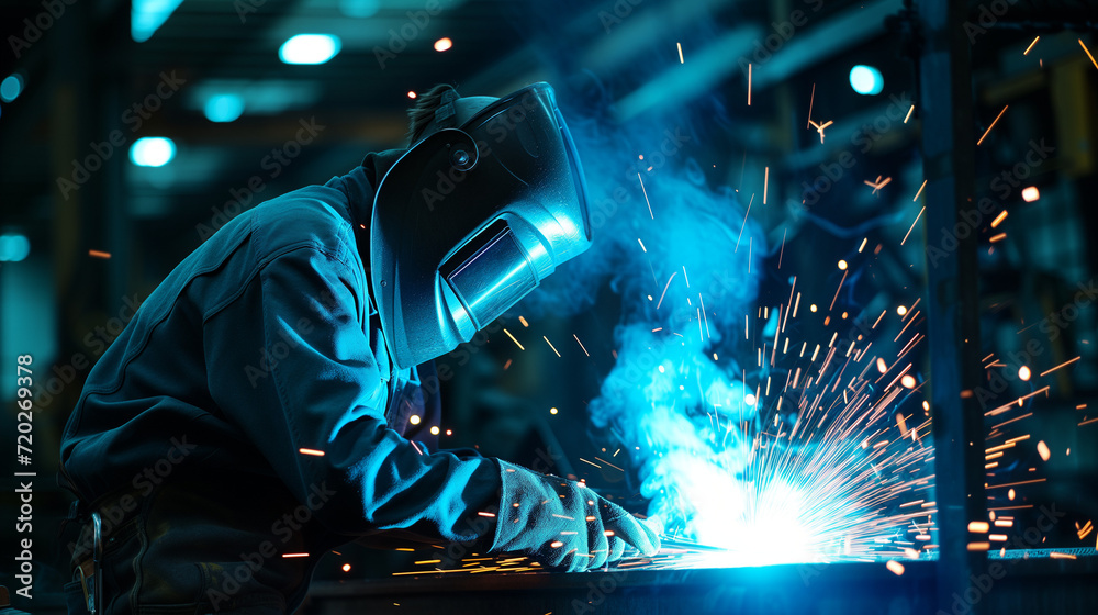Welder welding in a construction environment. Professional worker doing manual labour.