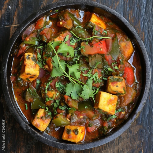 Restaurant-style paneer tika masala in a pan, on a wooden block on a white background, traditional Indian food, capsicum, onion, butter, carrot, chilies, parsley