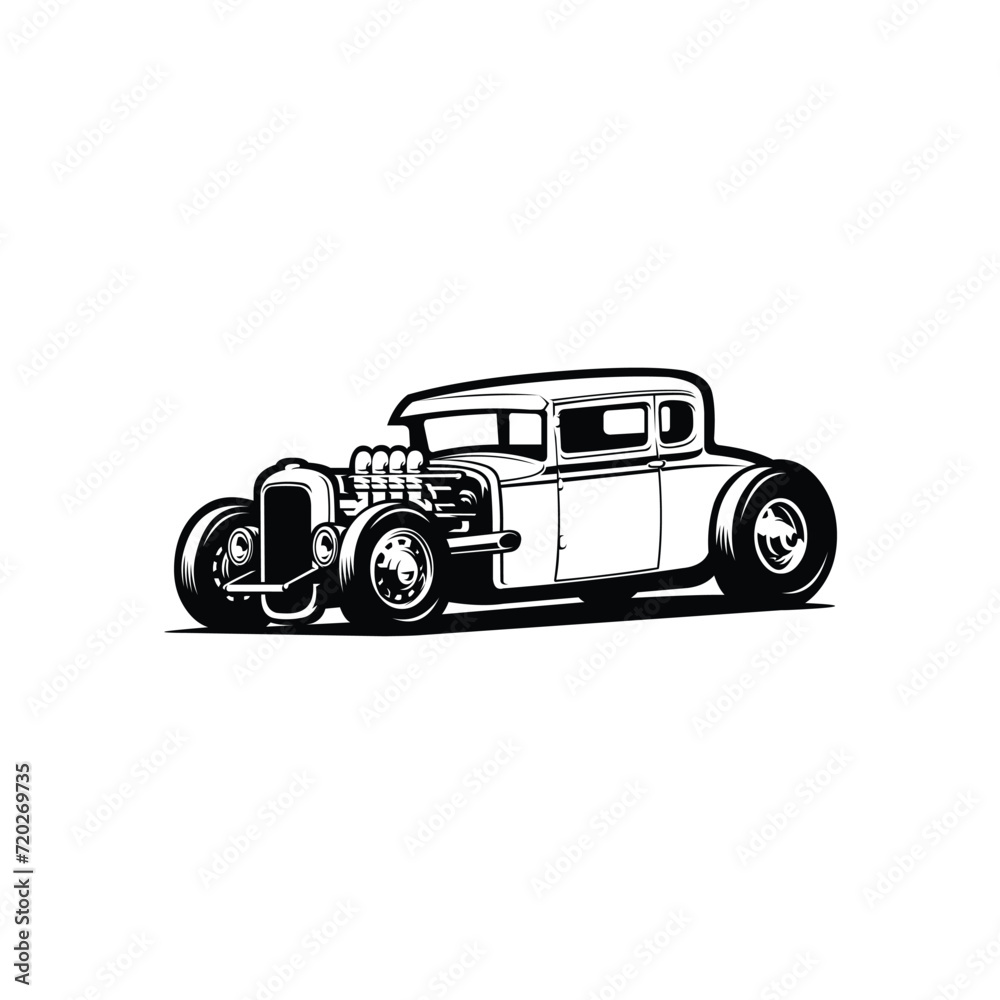Monochrome silhouette of classic hot rod lowered car. Side view. Best for mechanic and garage related industry