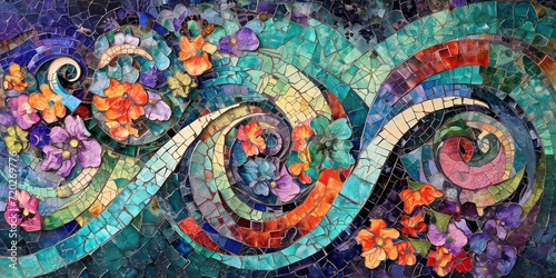 Mosaic abstract reminiscent of intricate zentangles  showcases with vibrant pastel watercolors.