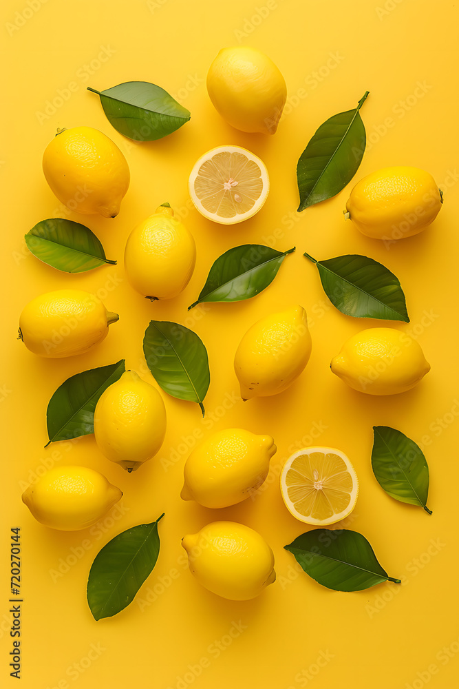 Éclat Estival : Citrons Siciliens et Feuilles dans une Illustration Charmante avec un Fond Jaune