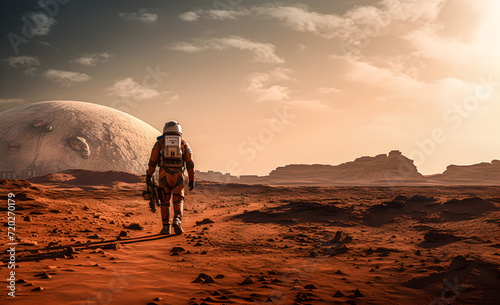 An astronaut walking on red soil on the surface of Mars