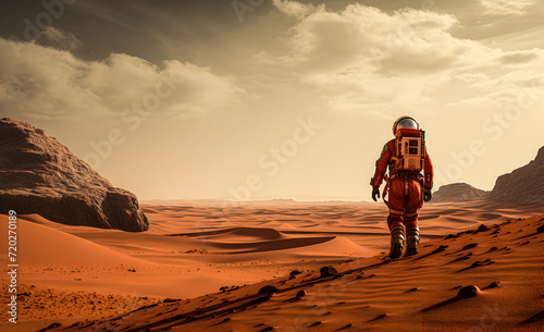 An astronaut walking on red soil on the surface of Mars © lutsenko_k_
