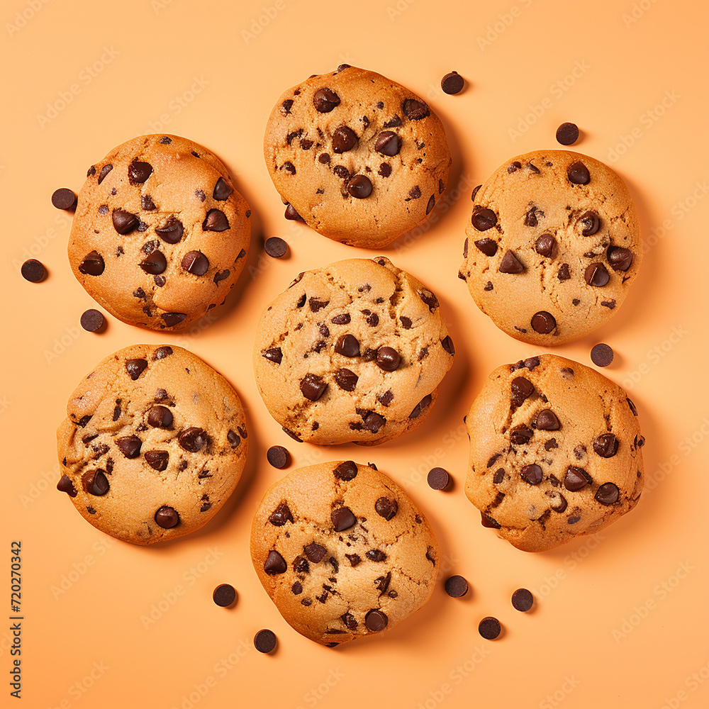 chocolate chip cookies on colourful background made with generative ai