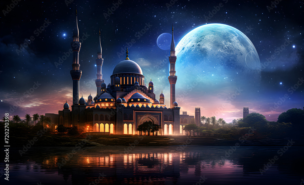 A starry night with a glowing Islamic crescent moon in the background of a mosque.