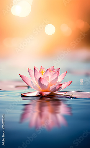 A glowing pink lotus flower on a serene pond