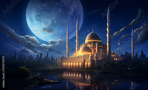 A starry night with a glowing Islamic crescent moon in the background of a mosque. photo