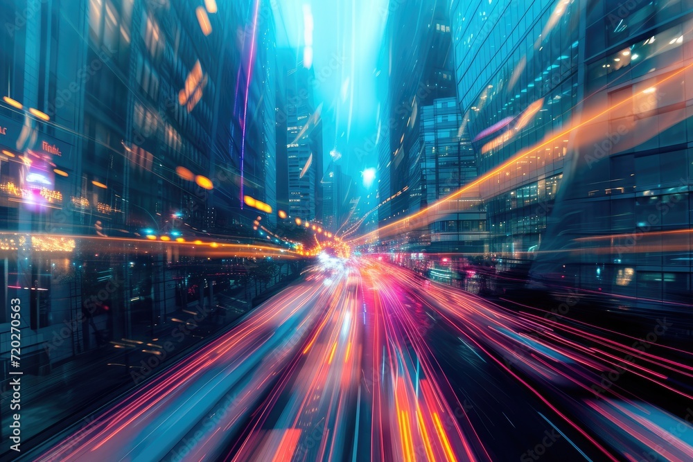 Futuristic city with bright lines of urban traffic with long exposure