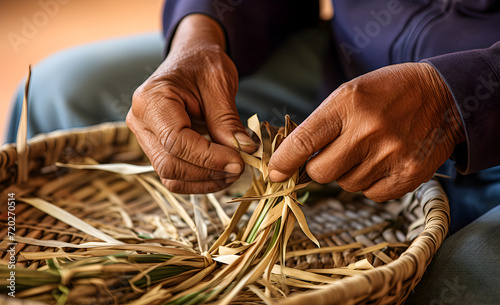 Men's hands weave a basket.