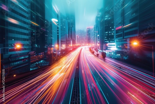 Futuristic city with bright lines of urban traffic with long exposure