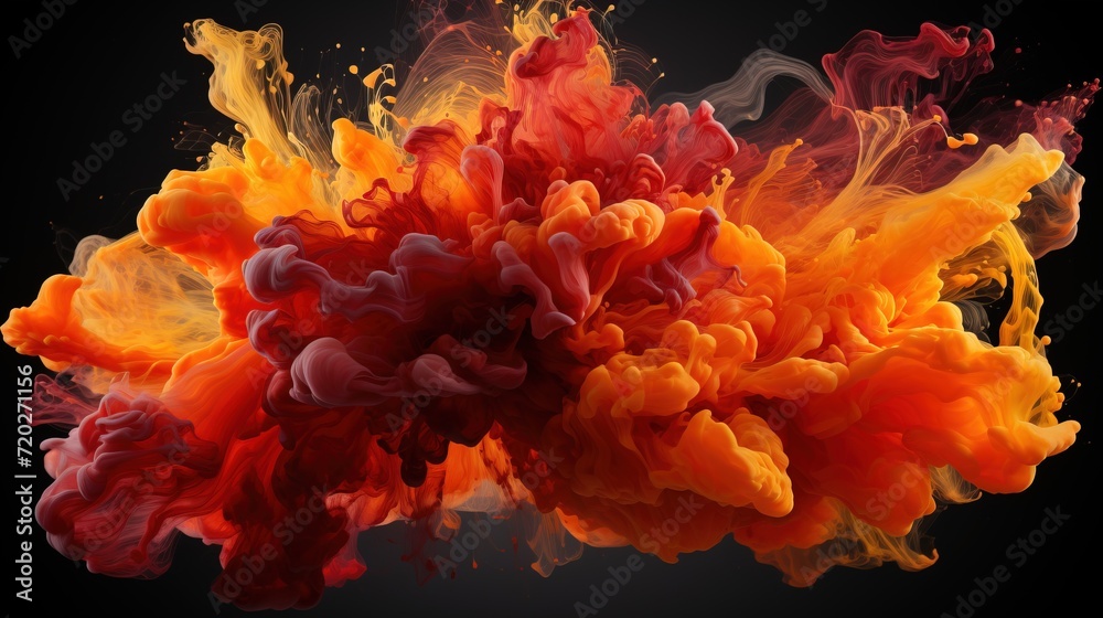 Obraz premium Color ink images moving through the air, Red and orange color explodes dynamite, A Symphony of Colors: Ethereal Ink Images Dancing in the Air - Abstract AI Cloud Explosion