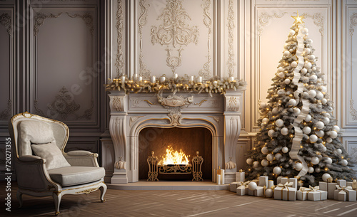 Elegant Christmas living room with fireplace and Christmas tree