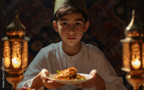 Muslim boy with some dish of Ramadan and lamp