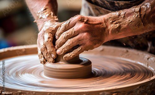 Making pottery, shaping clay by hand on a wooden wheel