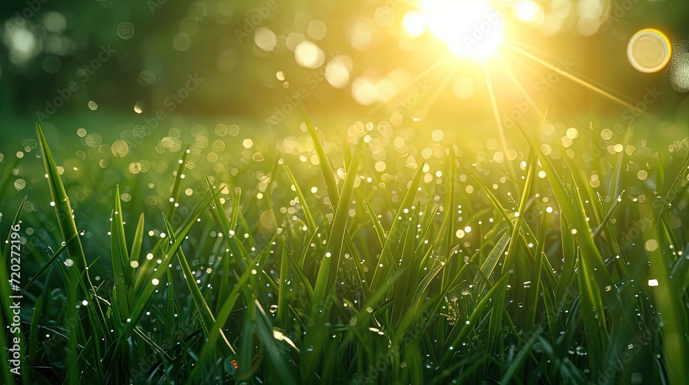 The early morning sun casts a golden glow on a field of grass, each blade shimmering with dew drops, creating a sparkling and fresh ambiance.