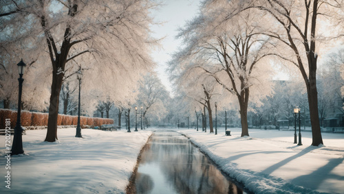 A city park in winter, showcasing abstract reflections of snow-covered trees and lampposts, immersed in a cool and serene color palette to evoke the quiet beauty of an urban winter landscape. © Kasper