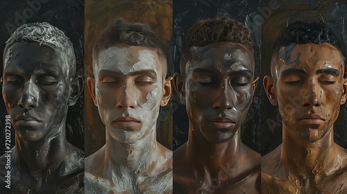 This striking digital composition showcases four male faces with various skin tones, each artistically covered in different textured materials, evoking a strong sensory and emotional response.