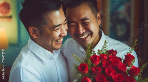 Happy asian gay couple hugging with bouquet flowers. Engagement celebration. Pride concept. Generative AI