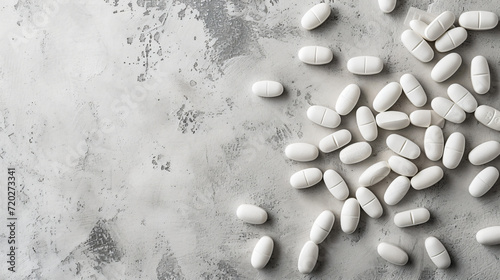 White pills on gray textured background flat lay