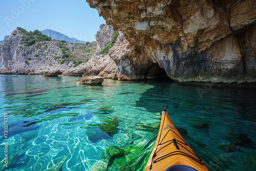 Stampa su tela A sea kayak adventure along the coastline - offering the chance to explore hidden coves and paddle in clear waters - providing an exhilarating coastal exploration experience