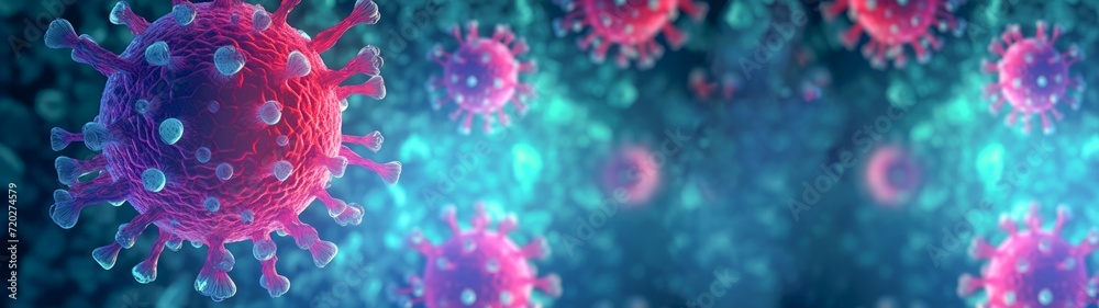 Virology medicine science background banner panorama long wide illustration - Corona virus, covid, flu outbreak, microscopic view of influenza virus cells, lots of abstract 3d viruses texture - obrazy, fototapety, plakaty 