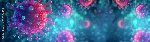 Virology medicine science background banner panorama long wide illustration - Corona virus, covid, flu outbreak, microscopic view of influenza virus cells, lots of abstract 3d viruses texture photo