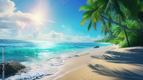 Oceans and palm trees on a tropical beach with sand and sun