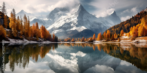 A mountain and a lake landscape background lake with trees and mountains in the background. photo