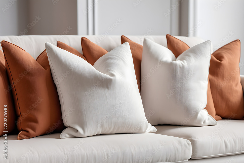 Close-up of terracotta and white pillows on a fabric sofa. Interior design for a modern living room in a French country house.