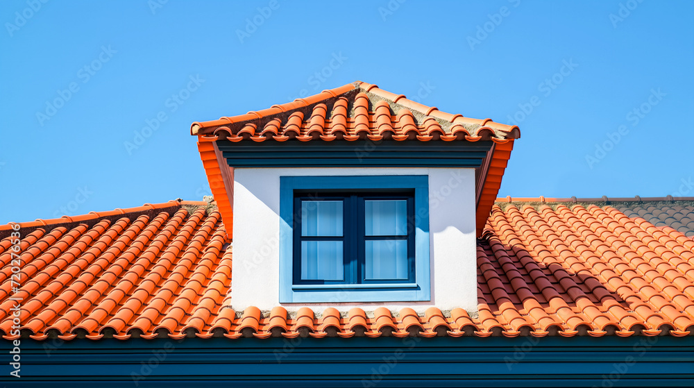 Roof shingles with garret house on top of the house. red Ceramic tiles on the roof background Roof shingles with garret house on top of the house. red Ceramic tiles on the roof background