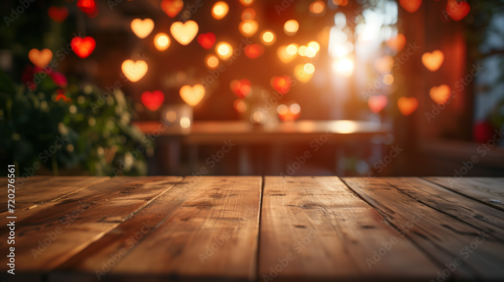 Empty wooden table with blurred background, Heart-shaped bokeh lights of six star luxury hotel room at valentine day Empty wooden table with blurred background, Heart-shaped bokeh lights of six star luxury hotel room at valentine day