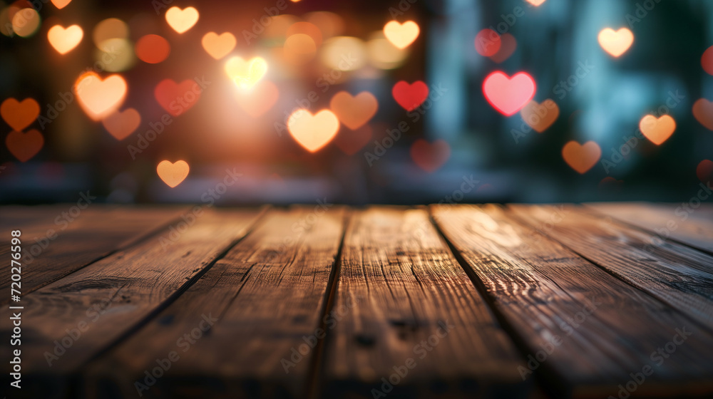 Empty wooden table with blurred background, Heart-shaped bokeh lights of six star luxury hotel room at valentine day Empty wooden table with blurred background, Heart-shaped bokeh lights of six star luxury hotel room at valentine day