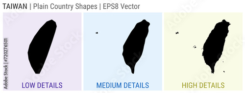 Taiwan - plain country shapes. Low, medium, and high detailed maps of Taiwan. EPS8 Vector illustration.