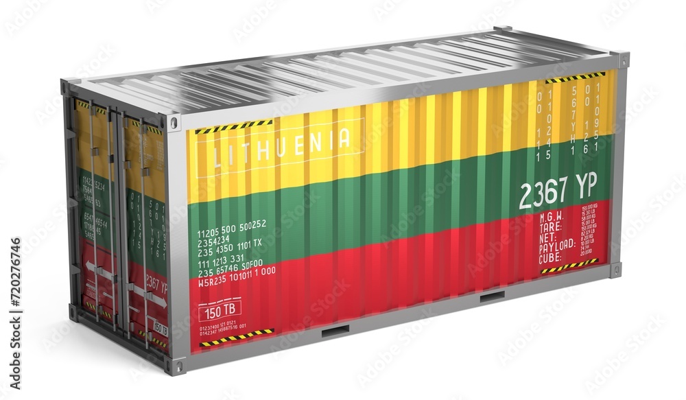 Freight shipping container with national flag of Lithuania on white background - 3D illustration